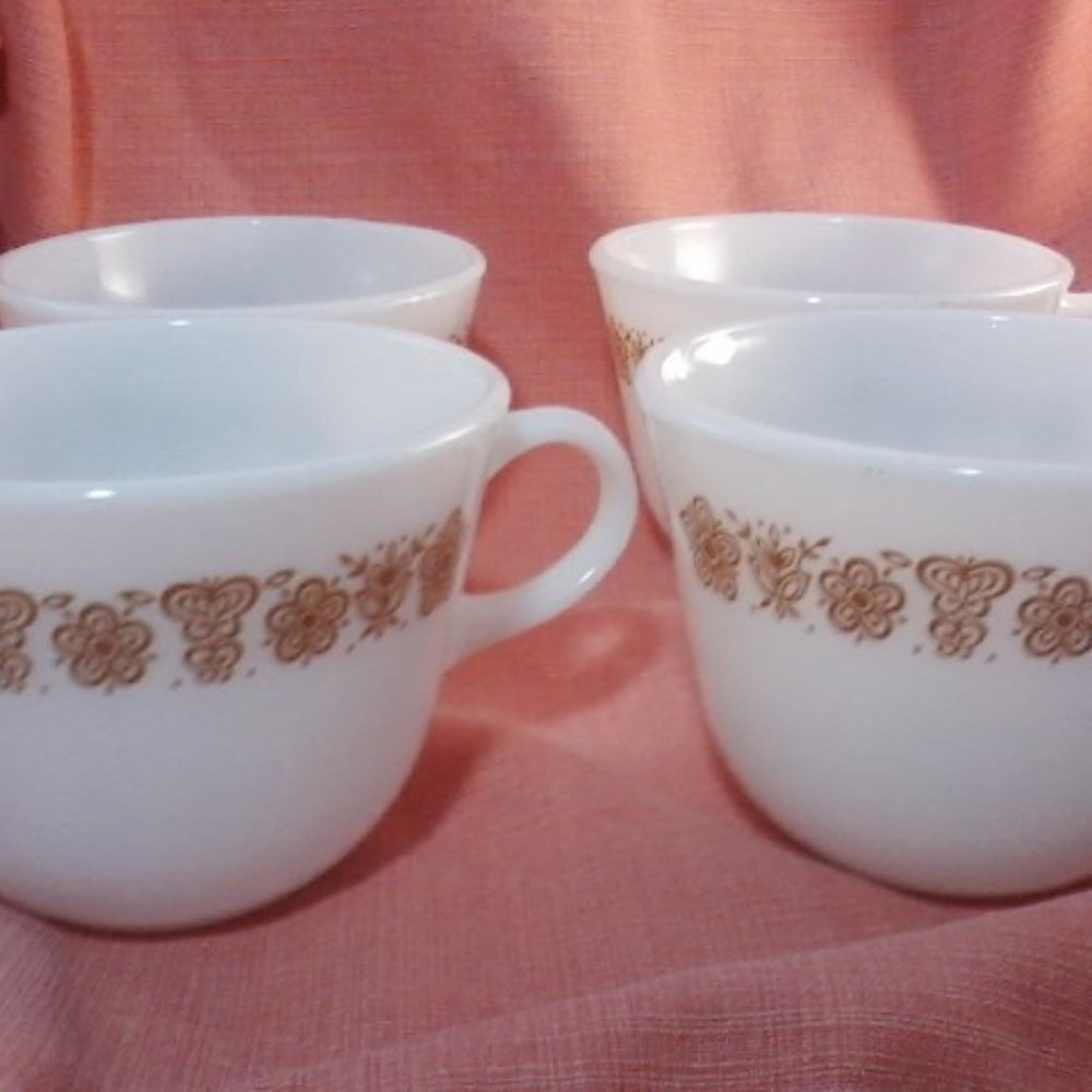 Four Vintage Pyrex gold butterfly teacups white milk glass